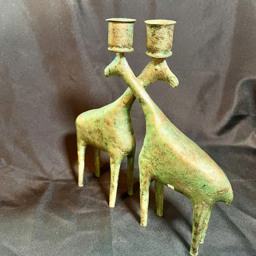 Vintage Verdigris‎ Metal Giraffe Candleholders Pair Indonesia Mid Century Modern